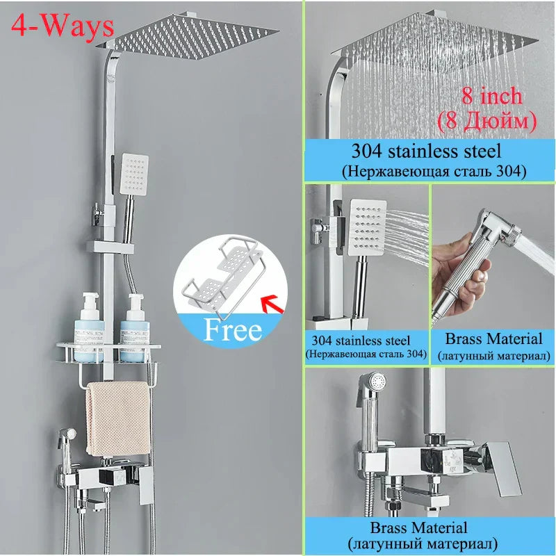DecorBites™ Black Brass Shower Faucet Set with Rotatable Tub Spout and Rain Shower Column