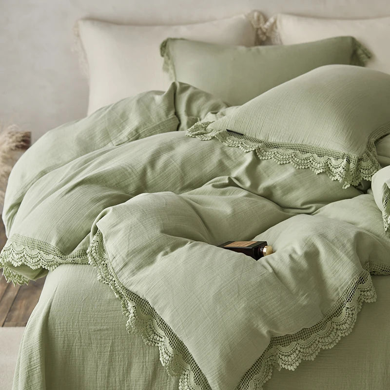 طقم شراشف سرير من القطن بحواف دانتيل من DecorBites™ لبشرة ناعمة مع لحاف وملاءات وأغطية وسائد