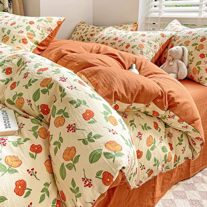 DecorBites™ Cotton Flower Printed Comforter Set: Breathable Double-Layer Yarn, Soft Bedding for Girls