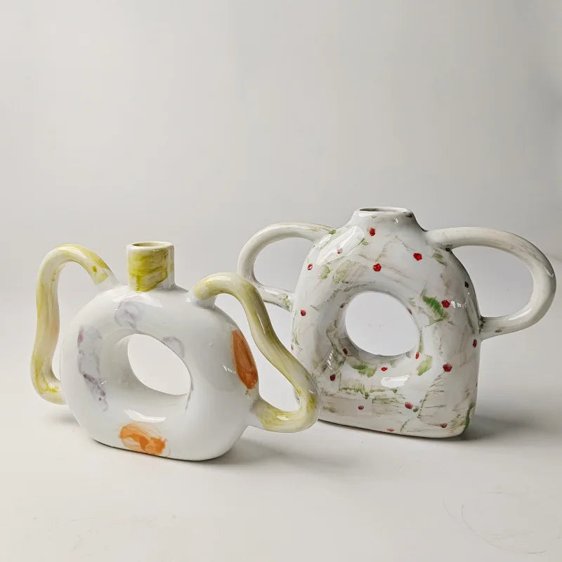 DecorBites™ Abstract Handle Ceramic Vase for Floral Arrangements and Home Decoration