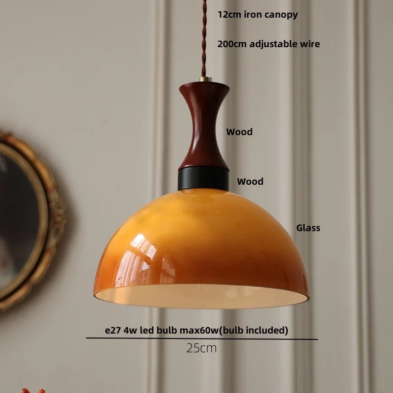 DecorBites™ Amber LED Pendant Light Fixture Wood Glass Loft Adjustable Hang Lamp