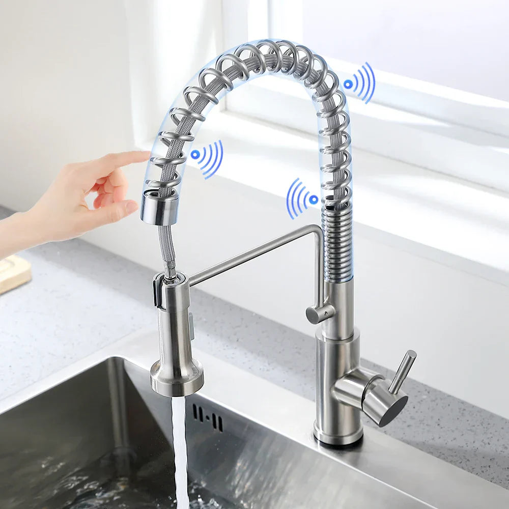 DecorBites™ Brush Nickel Sensor Kitchen Faucet | Stainless Steel Smart Induction Tap with Touch Control
