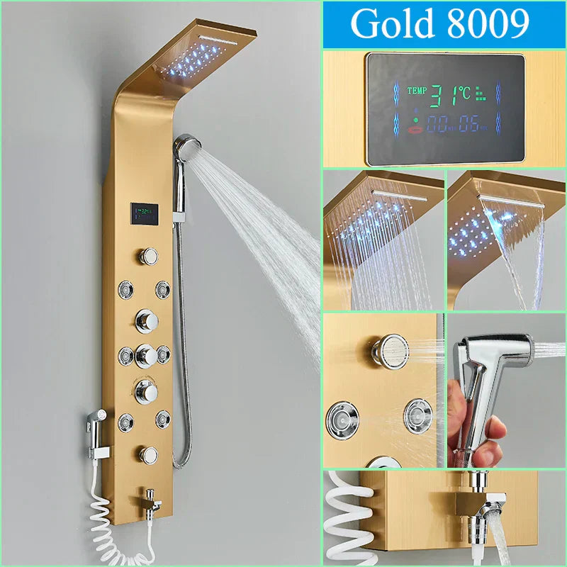 نظام دش إضاءة LED زرقاء من DecorBites™ مع شاشة عرض درجة الحرارة، عمود تدليك، شلال مطري