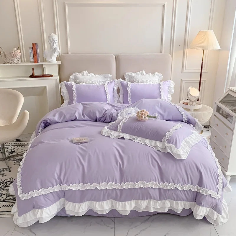 طقم سرير الأميرة الكورية لوليتا من 4 قطع من DecorBites™ من القطن المغسول السادة