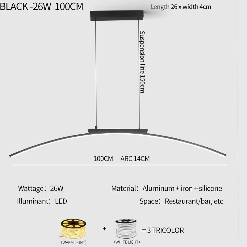 Contemporary Dining Room Pendant Light Sleek LED Arc Hanging Lamp Adjustable Brightness Energy Efficient Ideal for Kitchen Resta