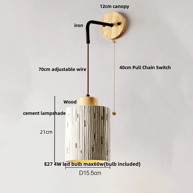 DecorBites™ Adjustable Wall Lights Pull Chain Switch Wood Socket Cement Modern Bedside Lamp