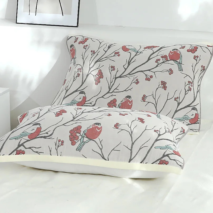 غطاء سرير مفرد ياباني من القطن DecorBites™ مع غطاء وسادة - تصميم طيور وزهور