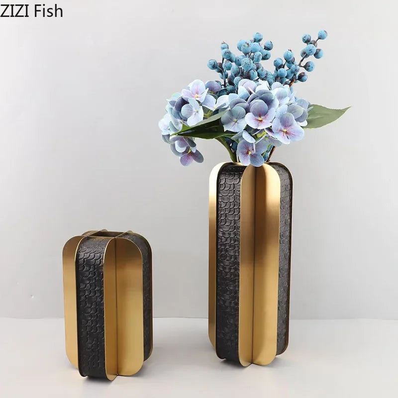 DecorBites™ Golden Geometry Vase Artificial Flower Desk Decor - Leather Floral Room Aesthetic
