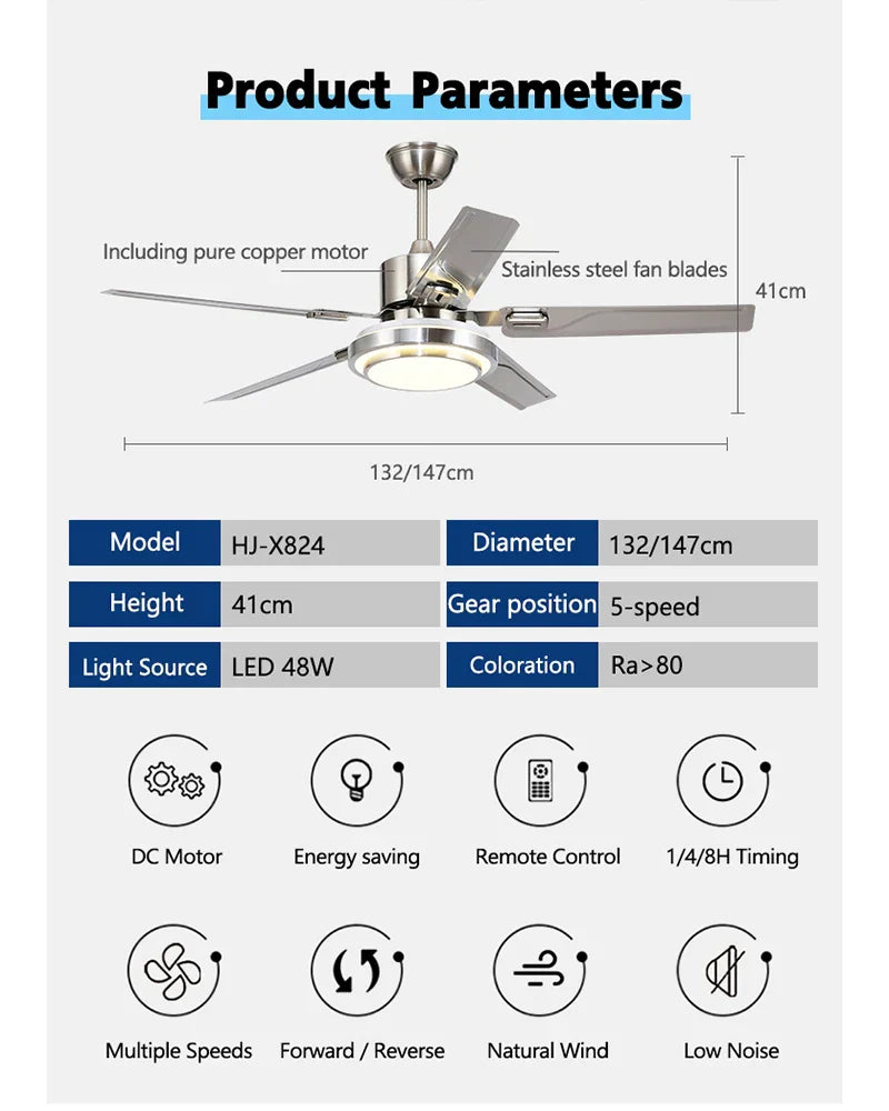 DecorBites™ 52" Stainless Steel Blade Ceiling Fan with LED Light and Remote Control