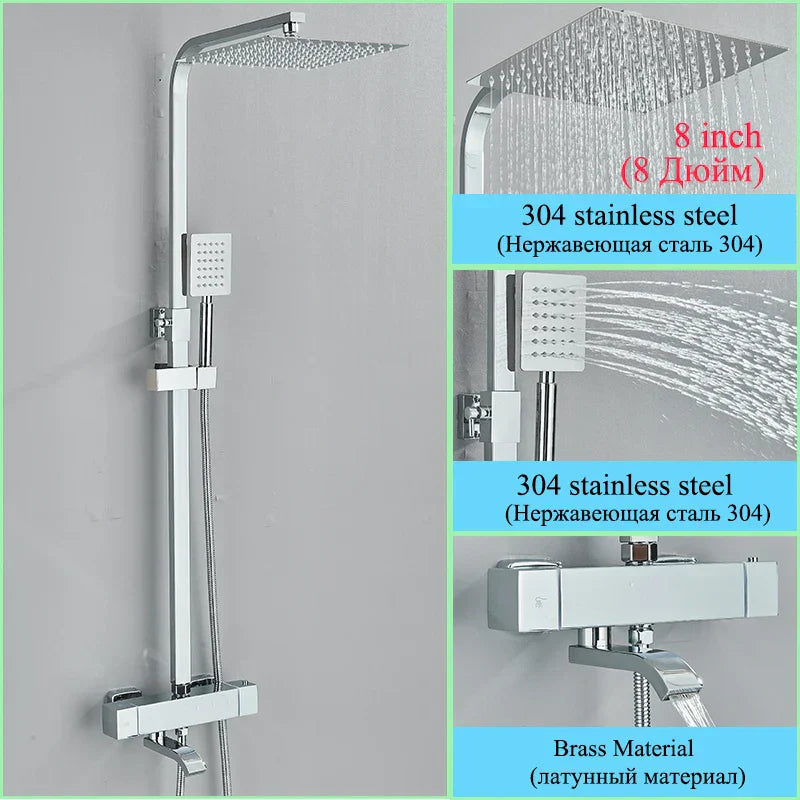 DecorBites™ Golden Thermostatic Shower Faucet Set with Rainfall Shower Column and 3-Way Mixer