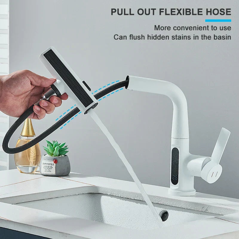 DecorBites™ Digital Display Basin Faucet with 3-Way Nozzle: Pull Out, Rainfall Stream, Hot Cold Mixer