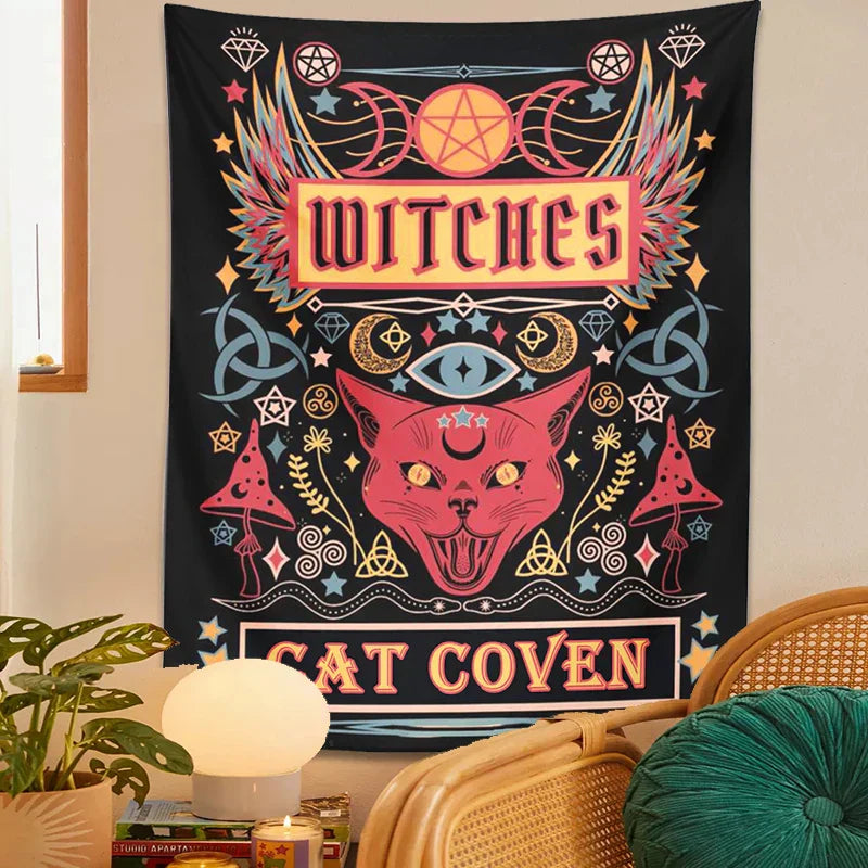 DecorBites™ Cat Witchcraft Tapestry: Sun Moon Tarot Mushroom Divination for Home Decor