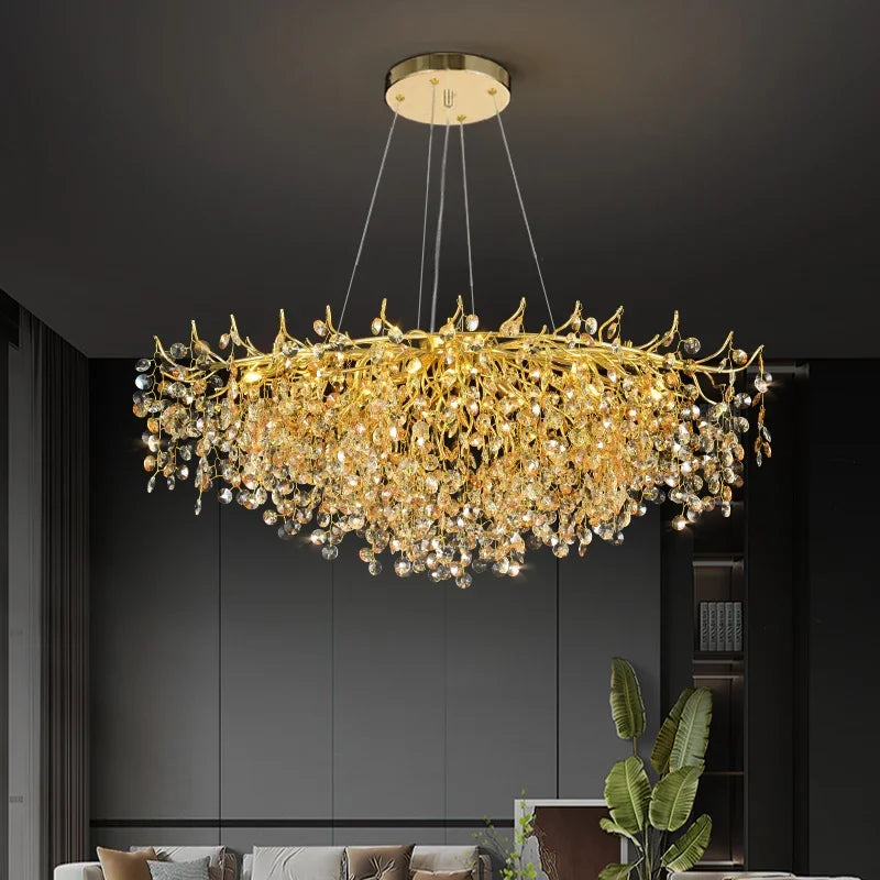 ثريا سقف كريستالية LED ذهبية من DecorBites™ بتصميم تشعبات - إضاءة فاخرة لغرفة المعيشة