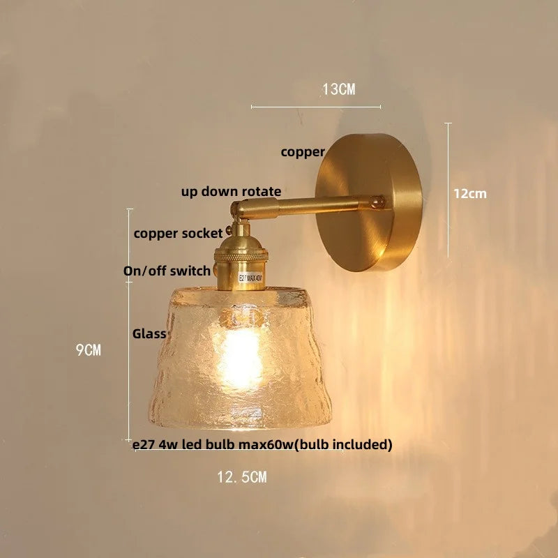 DecorBites™ Clear Glass LED Wall Lights Brass E27 Pull Chain Switch Bedside Lamp