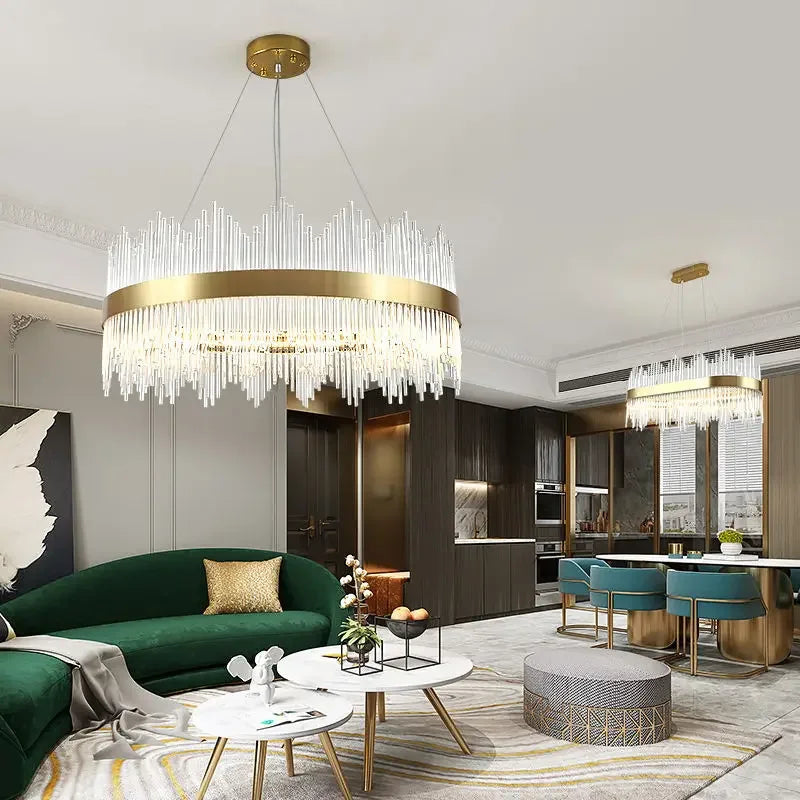 Lustre en Cristal Doré DecorBites™ : Suspension de Luxe Dimmable pour Chambre, Salon et Hôtel