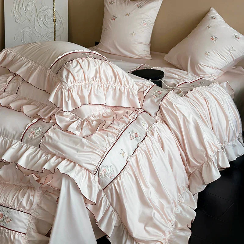 DecorBites™ 1000TC Cotton Flowers Embroidery Lace Ruffles Bedding Set
