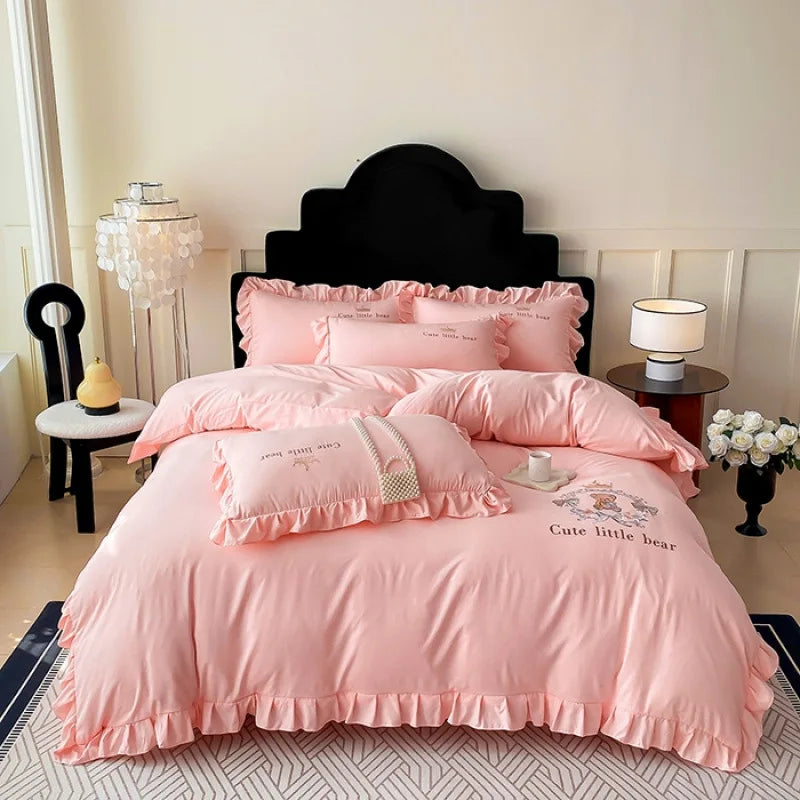 DecorBites™ French Embroidered Cotton Bed Skirt Set with Ruffled Edges