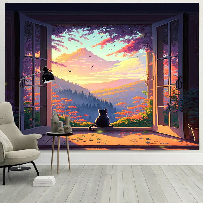 DecorBites™ نسيج حائط بتصميم نافذة أحلام للقطط للمناظر الطبيعية لغرف النوم والمعيشة