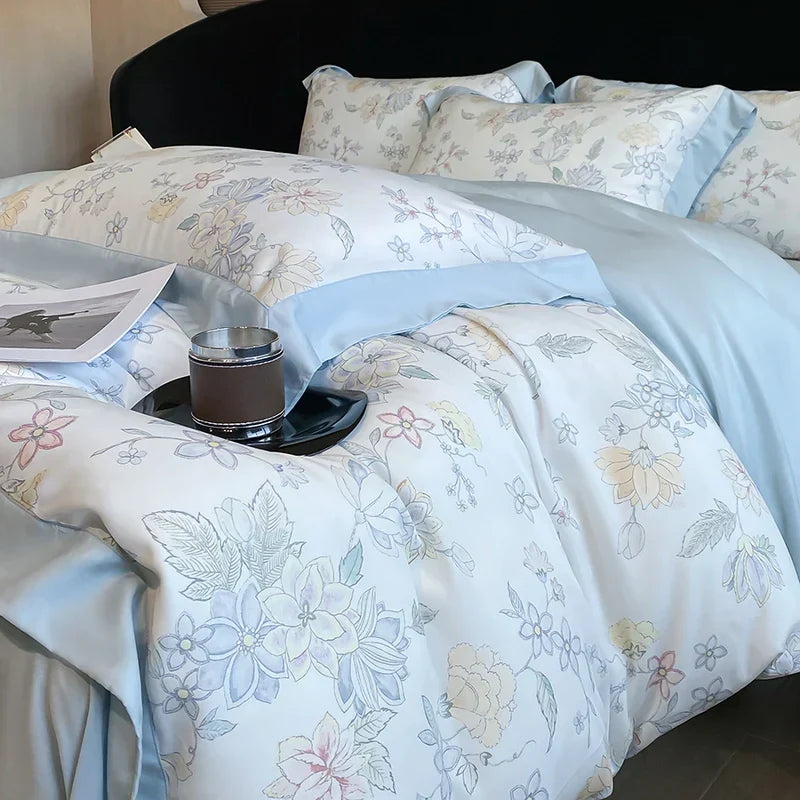DecorBites™ Eucalyptus Fiber Flowers Bedding Set: Duvet Cover, Bed Sheet, Pillowcase - 4Pcs