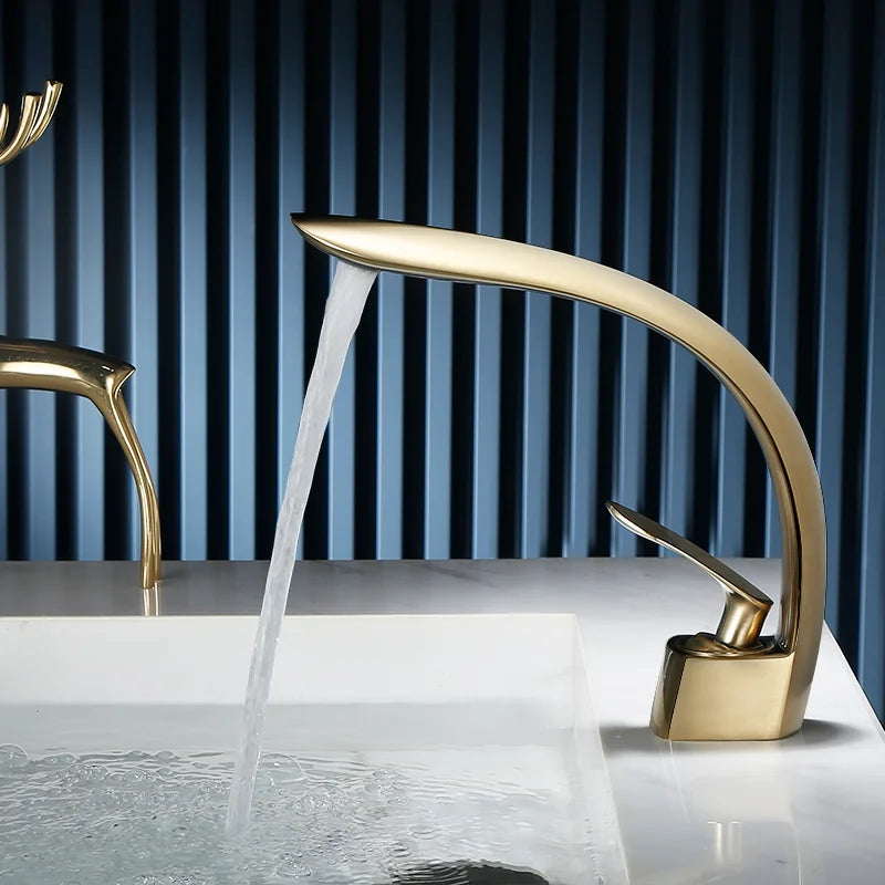 DecorBites™ Grey/Black Wash Basin Faucet Single Handle Mixer Tap Hot Cold Waterfall Brushed Gold