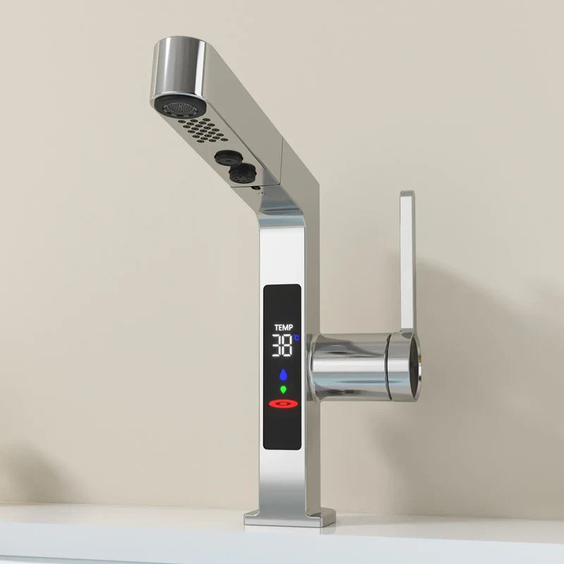DecorBites™ صنبور حوض LED من الذهب الوردي قابل للسحب خلاط مياه حنفية مغسلة