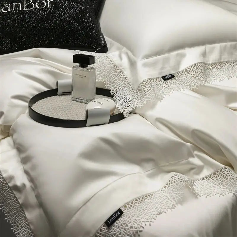DecorBites™ French Lace Edge Bedding Set, 1000TC Egyptian Cotton, Queen King, Duvet, Sheet, Pillowcases