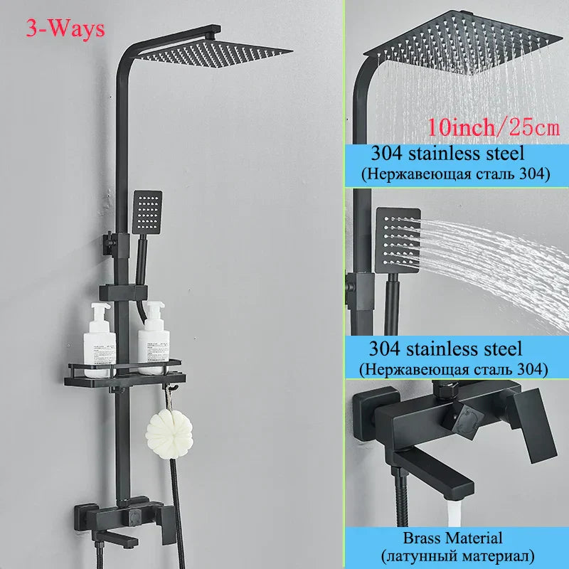 DecorBites™ Black Brass Shower Faucet Set with Rotatable Tub Spout and Rain Shower Column