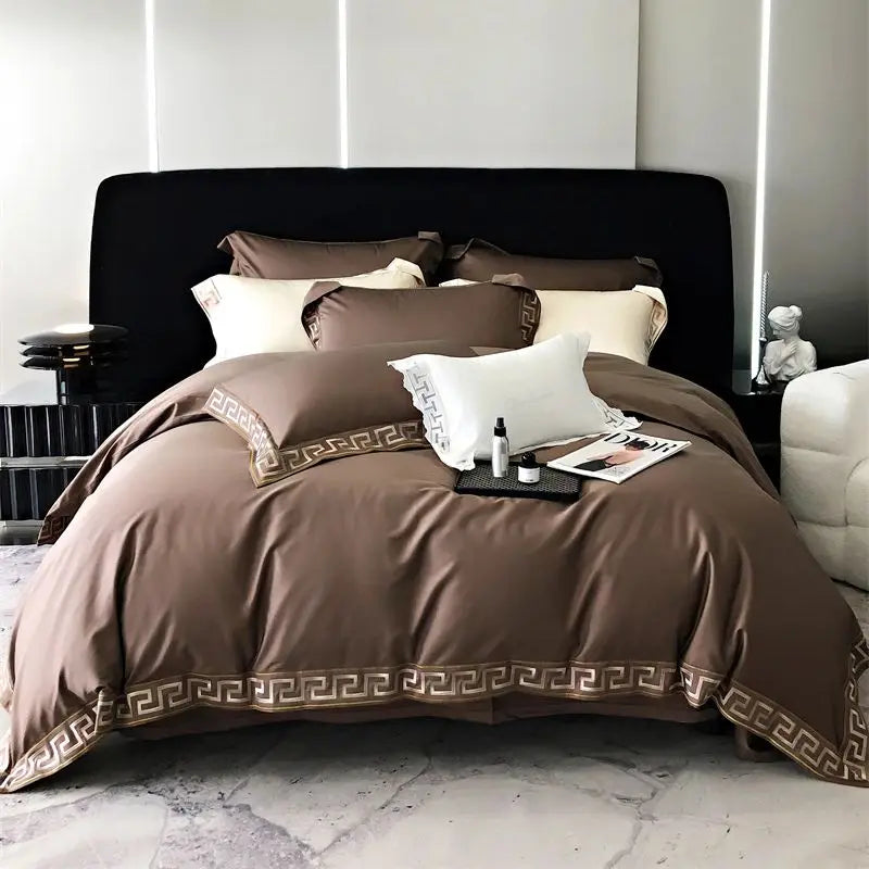DecorBites™ Gold Embroidery Duvet Set, Black Egyptian Cotton Bedding, 1000TC, Double King Queen