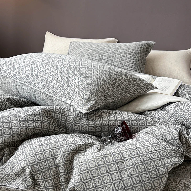 DecorBites™ Linen Cotton Jacquard Bedding Set with Duvet, Sheet, and Pillowcases