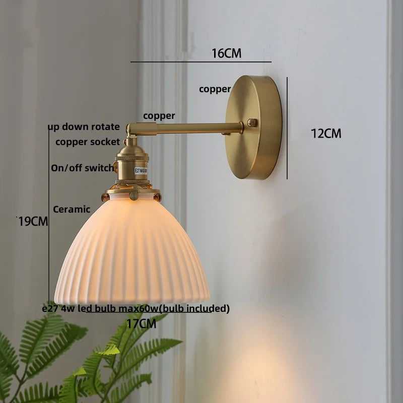 DecorBites™ Copper LED Sconce Wall Lamp Pull Chain Switch Nordic Modern Ceramic Mirror Light