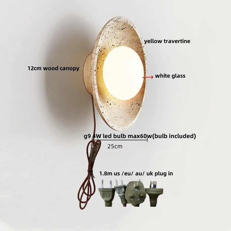 DecorBites™ LED Wall Light Travertine Base Modern Nordic Pull Chain Bedside Lamp