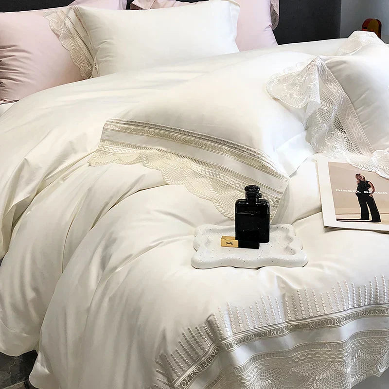 طقم مفروشات دانتيل مكشكش من DecorBites™، قطن مصري 1000TC، نمط أميرة فاخر