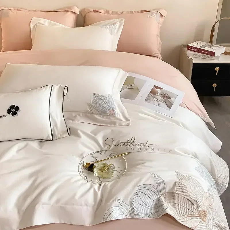 DecorBites™ Embroidered Cotton Bedding Set: Luxury Hepburn Style Duvet Cover 220x240, Skin Friendly