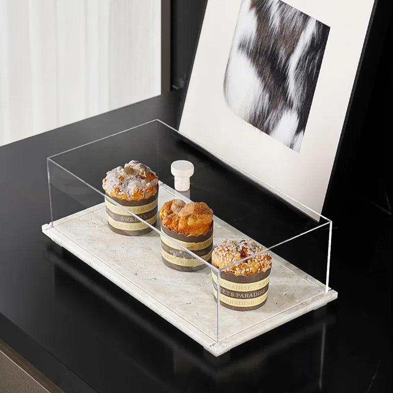 Acrylic Display Case on Travertine Base by DecorBites™ for Collectibles, Figurines, Desserts