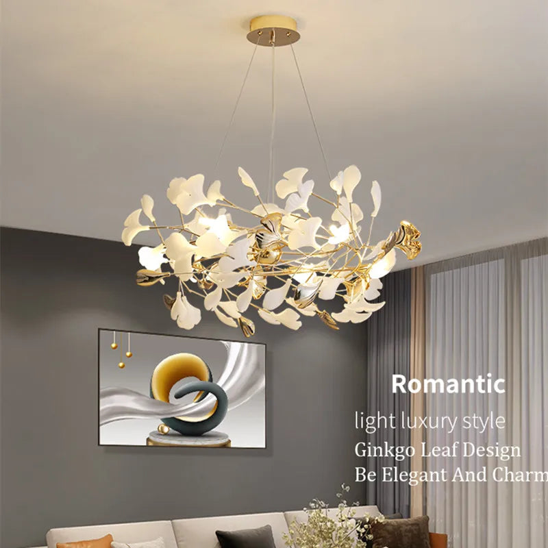 ثريات أغصان ذهبية من DecorBites™ مع إضاءة متدلية بأوراق خزفية - ديكور فاخر لغرفة المعيشة
