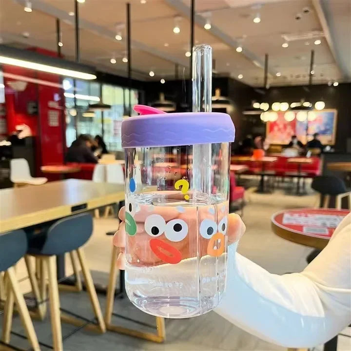 DecorBites™ Verres Kawaii avec couvercle et paille, Tasse à Bubble Tea - Vaisselle mignonne de 550 ml