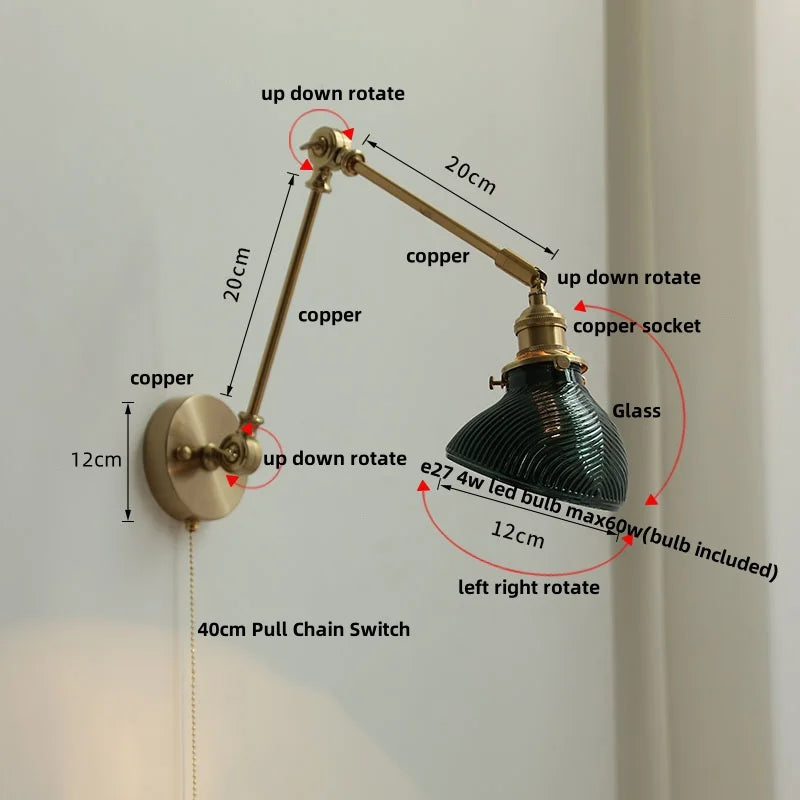 DecorBites™ Brass LED Wall Light Fixture Rotatable Glass Stair Lamp