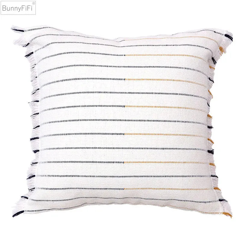DecorBites™ Handmade Cotton Woven Cushion Tassels - Ivory Black Yellow Stripe Home Decor