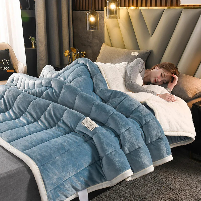 DecorBites™ Cozy Coral Fleece 3-Layer Bed Blanket for Autumn & Winter Warmth
