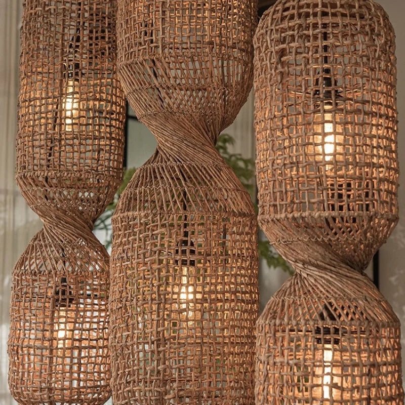 Vintage Hand-Woven Brown Rattan Cylinder Pendant Light