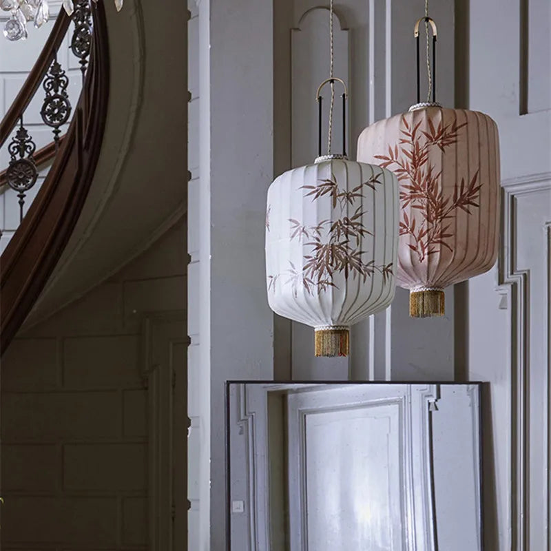 DecorBites™ Handmade Japanese Lantern Painting Pendant Lamp Fabric Chandelier