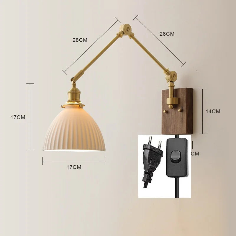 DecorBites™ Copper Swing Arm LED Wall Sconce Pull Chain Switch Rotate Walnut Canopy