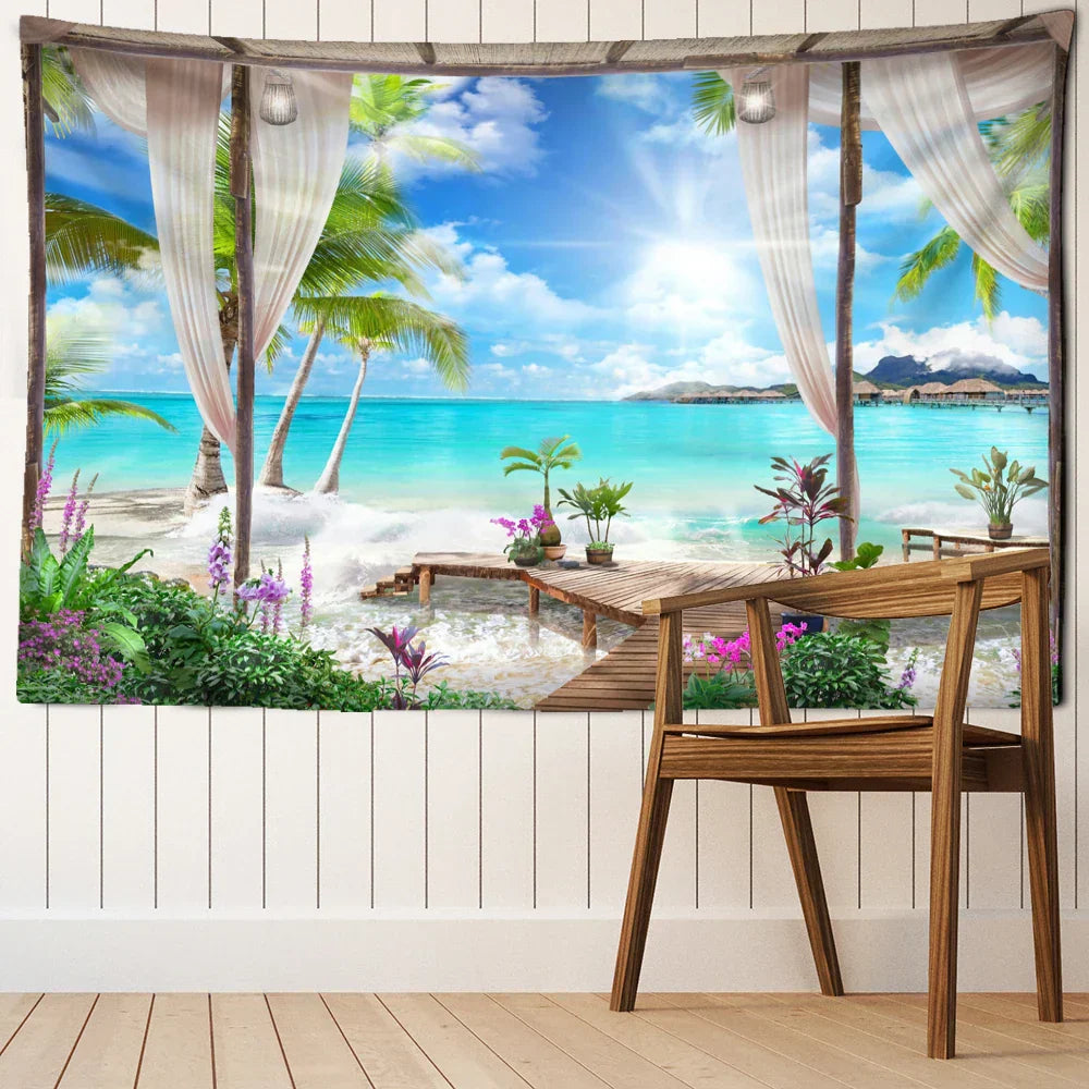 DecorBites™ Coconut Forest Sea View Tapestry Wall Hanging - Aesthetic Home Decor