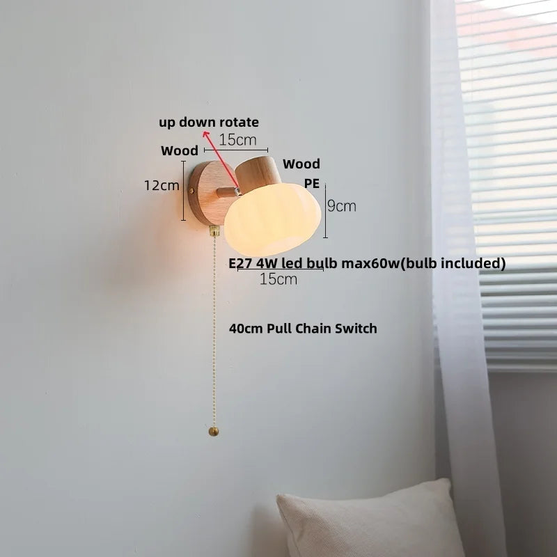 DecorBites™ Amber Glass LED Wall Sconce Nordic Modern Wood Pull Chain Switch Stair Light