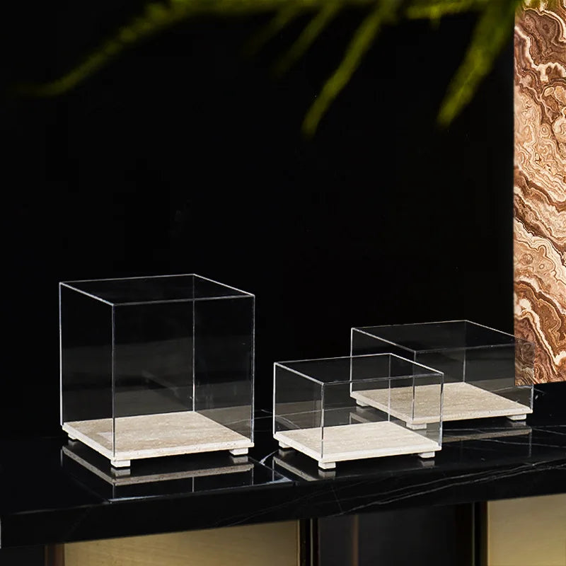 Acrylic Display Case on Travertine Base by DecorBites™ for Collectibles, Figurines, Desserts