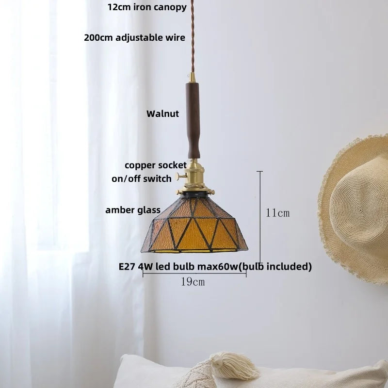 DecorBites™ Amber Glass LED Pendant Light, Nordic Modern Design, Walnut Wood, Dining Living Room Lighting