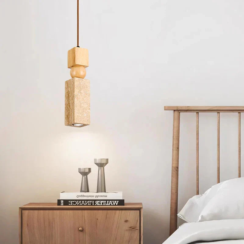 DecorBites™ Cuboid Stone LED Pendant Lights Wood Yellow Travertine Interior Lighting Hanging Lamp