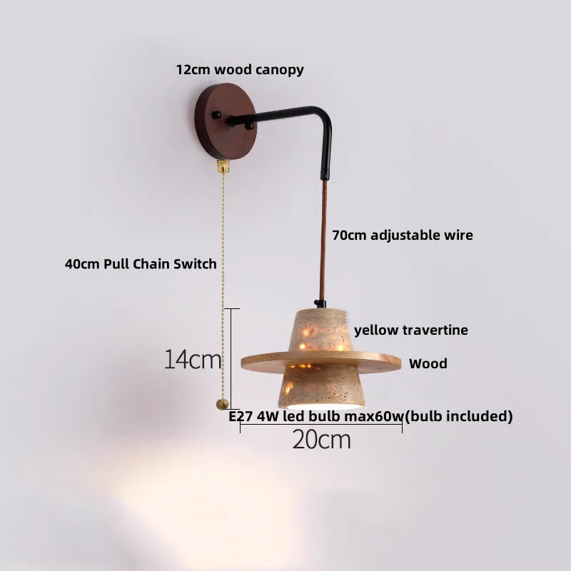 DecorBites™ Copper Wood LED Wall Sconce Yellow Travertine Stone Bedside Light