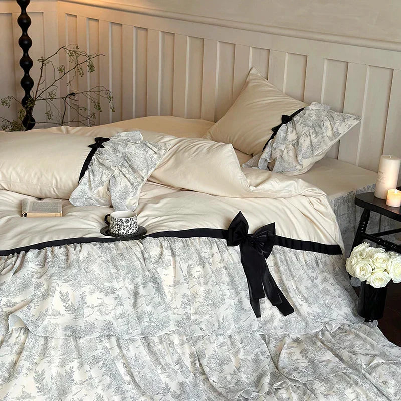مجموعة مفروشات الأميرة من DecorBites™ بتصميم دانتيل وكشكشة وفيونكة: غطاء لحاف من القطن المصري، غطاء سرير، شرشف، أغطية وسائد