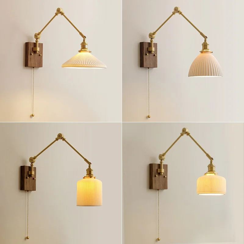 DecorBites™ Copper Swing Arm LED Wall Sconce Pull Chain Switch Rotate Walnut Canopy